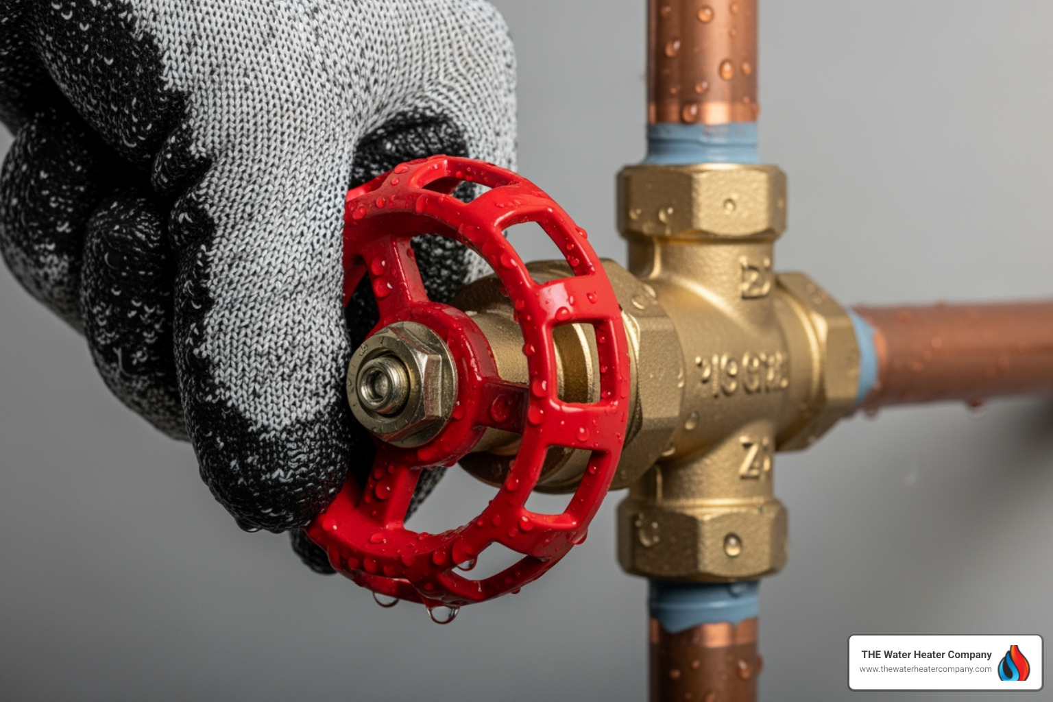 A hand turning a bright red circular water shut-off valve on a copper pipe - water heater repair 24 hour in burbank, ca A hand turning a bright red circular water shut-off valve on a copper pipe - water heater repair 24 hour in burbank, ca