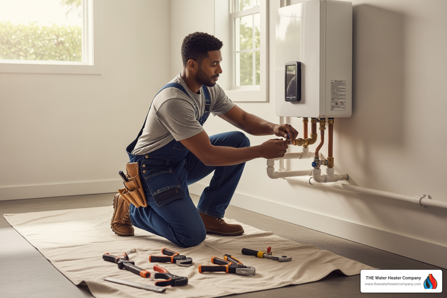 Professional plumbing technician installing a high-efficiency tankless water heater in a Los Angeles home - tankless water Professional plumbing technician installing a high-efficiency tankless water heater in a Los Angeles home - tankless water