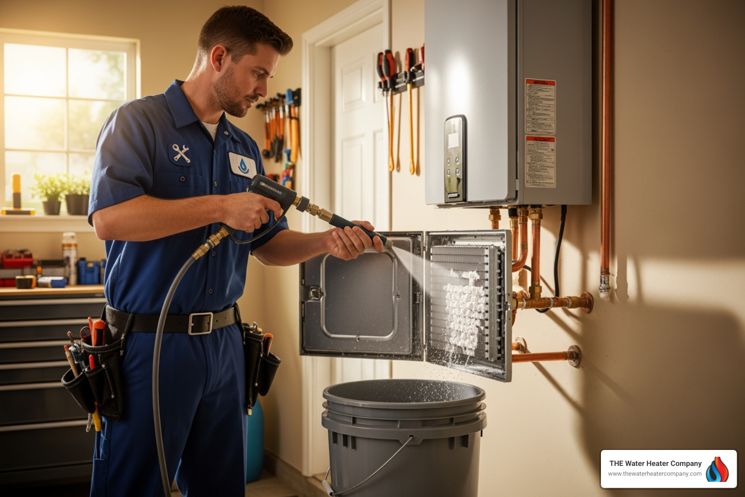Technician descaling a tankless water heater to remove mineral buildup from hard water - tankless water replacement best in Technician descaling a tankless water heater to remove mineral buildup from hard water - tankless water replacement best in