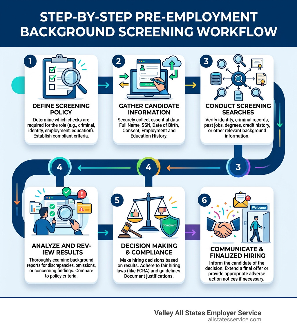 Step-by-step pre-employment background screening workflow infographic - pre employment security check infographic 