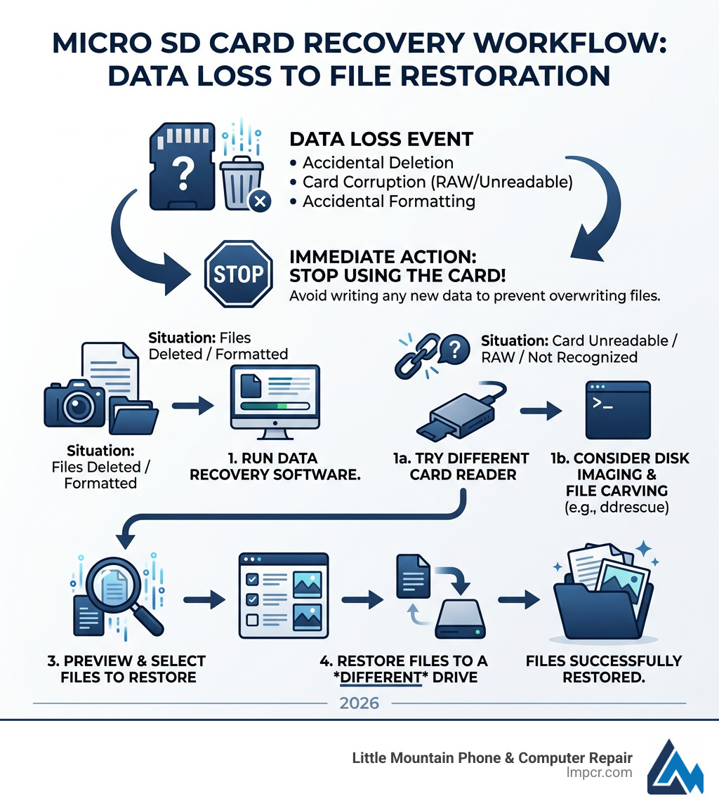 Micro SD card recovery workflow: from data loss to file restoration steps - micro sd card recovery infographic 