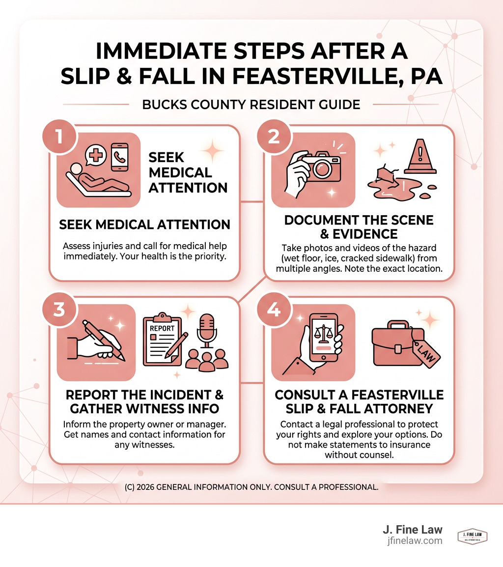 Infographic showing immediate steps after a slip and fall accident in Feasterville PA - slip and fall attorney Feasterville Infographic showing immediate steps after a slip and fall accident in Feasterville PA - slip and fall attorney Feasterville