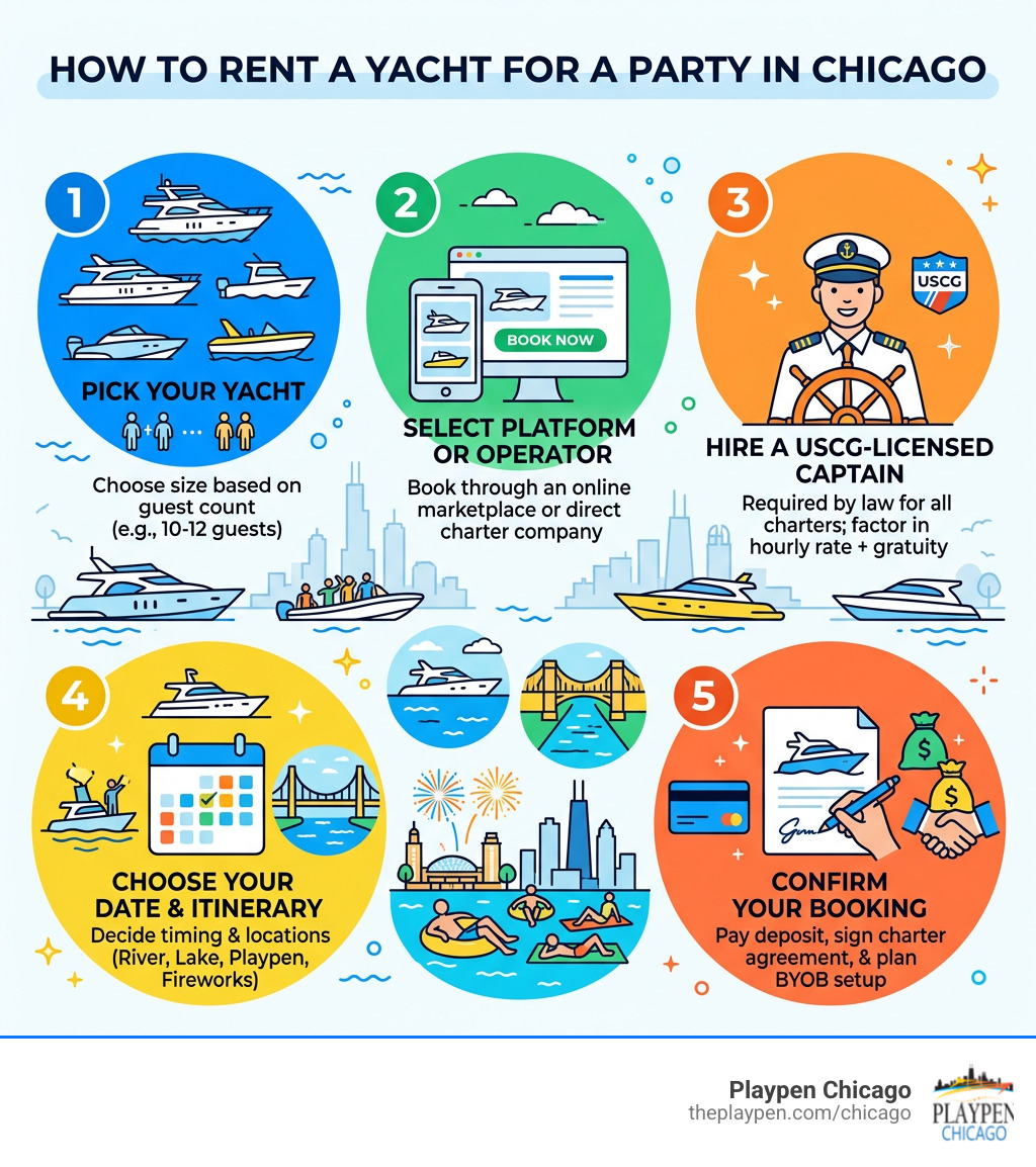 5-step infographic: how to rent a yacht for a party in Chicago — pick yacht, book platform, hire captain, choose itinerary 5-step infographic: how to rent a yacht for a party in Chicago — pick yacht, book platform, hire captain, choose itinerary