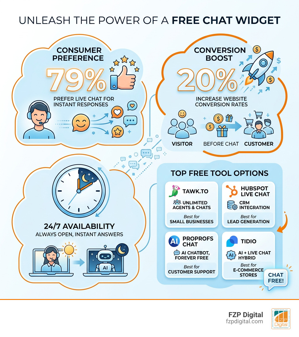 Infographic showing free chat widget benefits: 79% consumer preference, 20% conversion boost, 24/7 availability, and top Infographic showing free chat widget benefits: 79% consumer preference, 20% conversion boost, 24/7 availability, and top