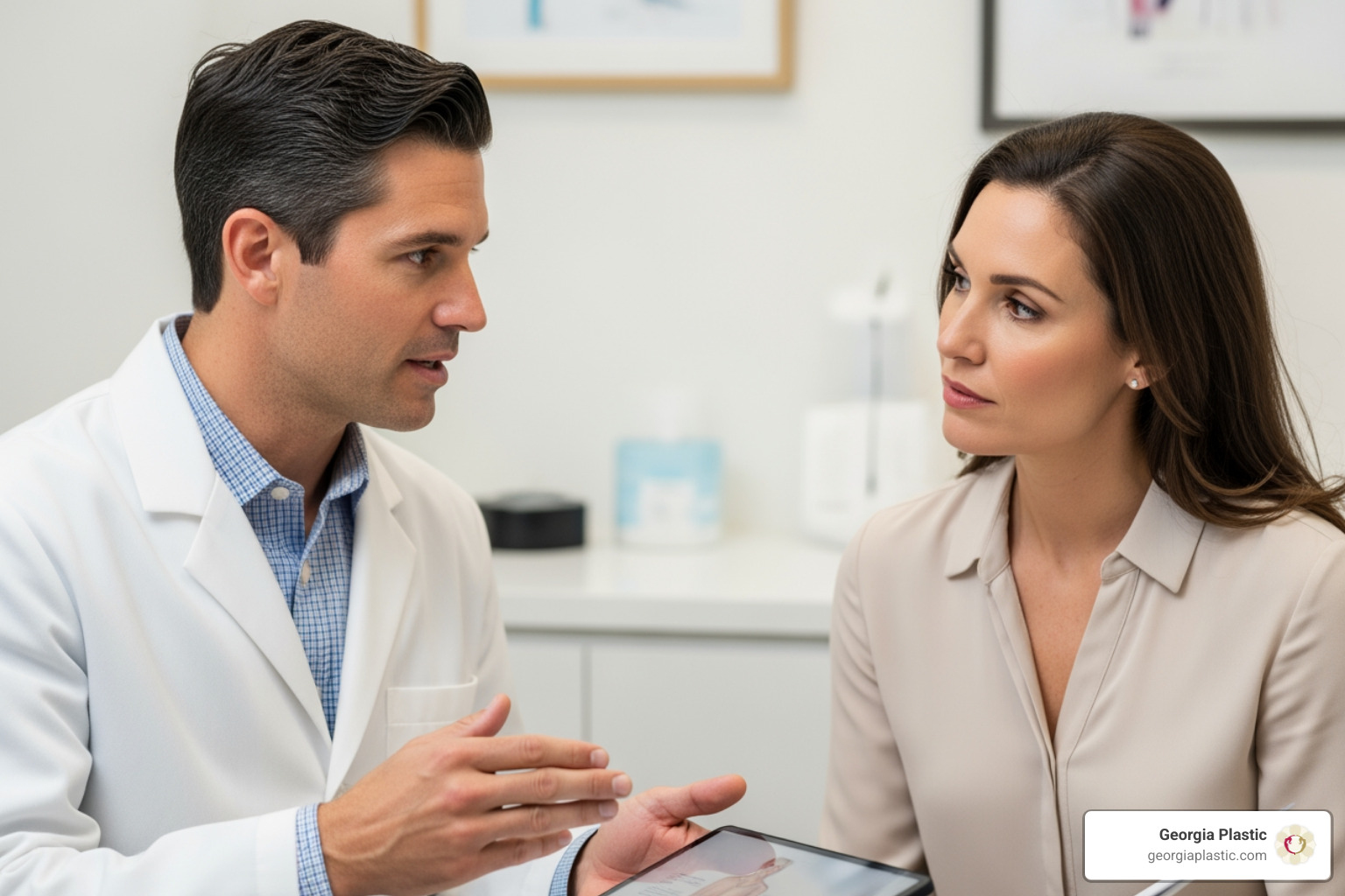 A board-certified plastic surgeon discussing procedure options with a patient in a clinical setting - breast lift cost A board-certified plastic surgeon discussing procedure options with a patient in a clinical setting - breast lift cost