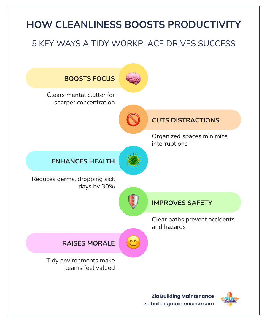 Infographic showing the link between office cleanliness and employee productivity - clean and tidy workplace infographic Infographic showing the link between office cleanliness and employee productivity - clean and tidy workplace infographic
