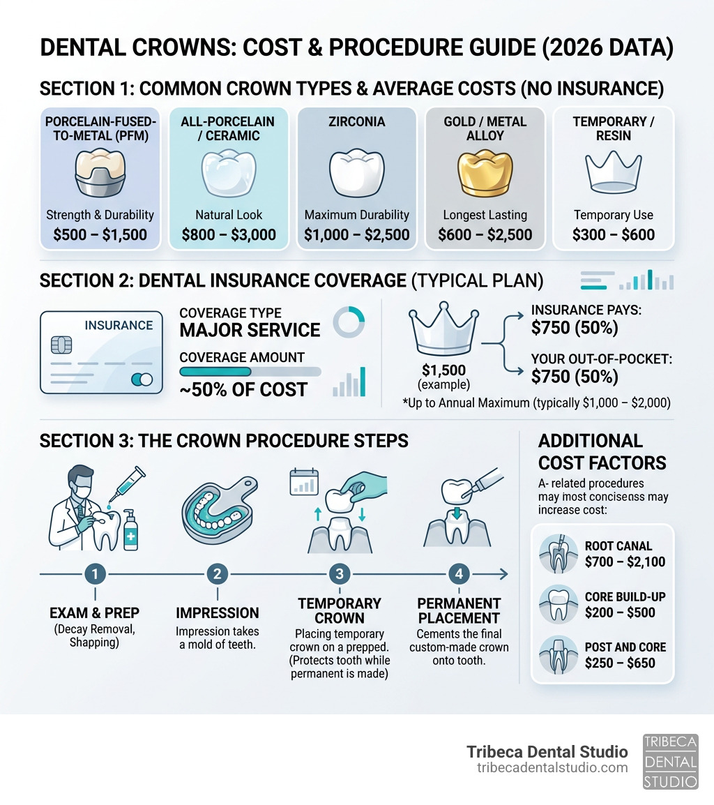 Infographic showing dental crown types, average costs, insurance coverage, and procedure steps - how much dental crown