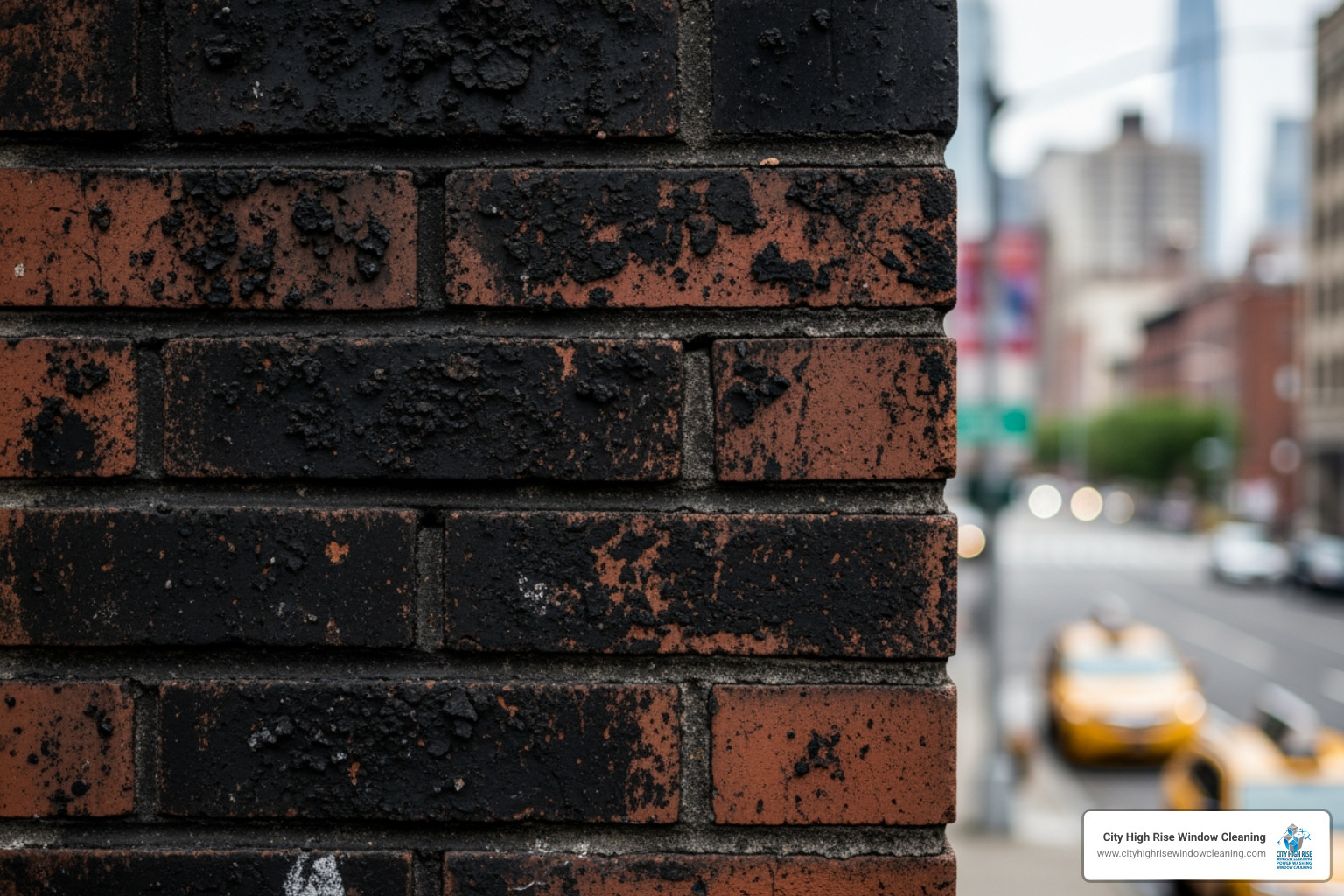 Soot-covered brickwork in Manhattan showing the impact of urban grime - NYC pressure washing Soot-covered brickwork in Manhattan showing the impact of urban grime - NYC pressure washing