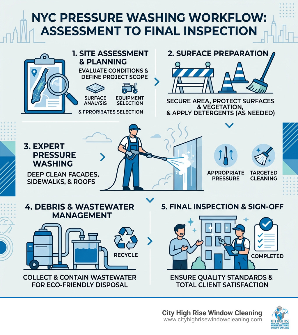 NYC pressure washing services workflow infographic showing steps from assessment to final inspection - NYC pressure washing NYC pressure washing services workflow infographic showing steps from assessment to final inspection - NYC pressure washing