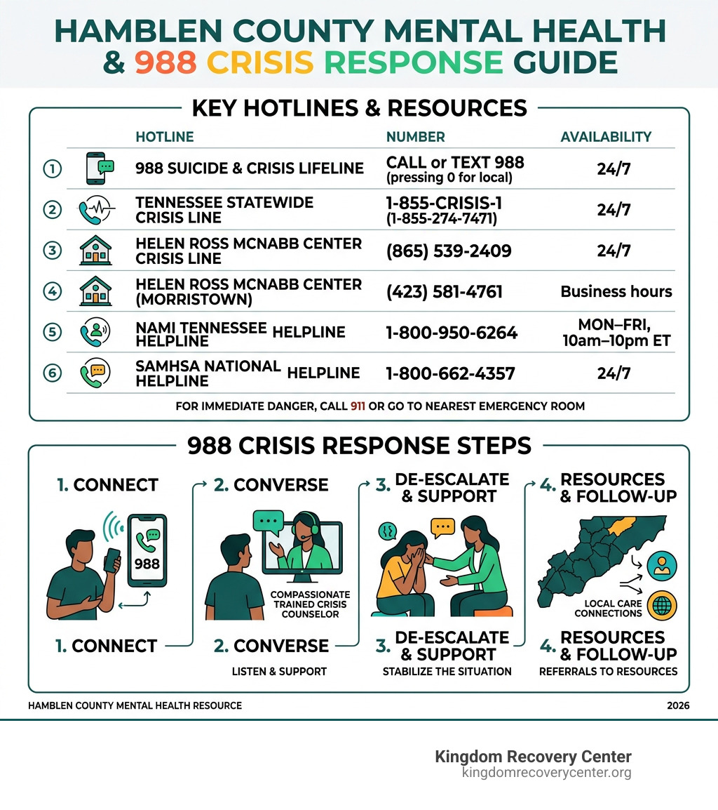 Overview infographic of Hamblen County mental health hotlines and 988 crisis response steps - Mental health hotlines Hamblen