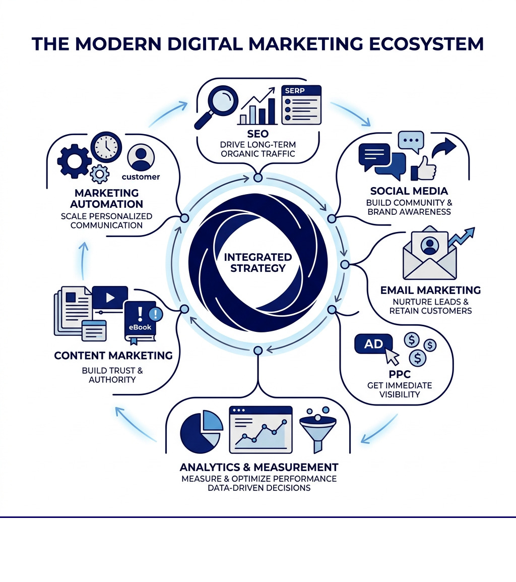 Digital marketing ecosystem infographic showing SEO, social media, email, PPC, content, and analytics channels - best way