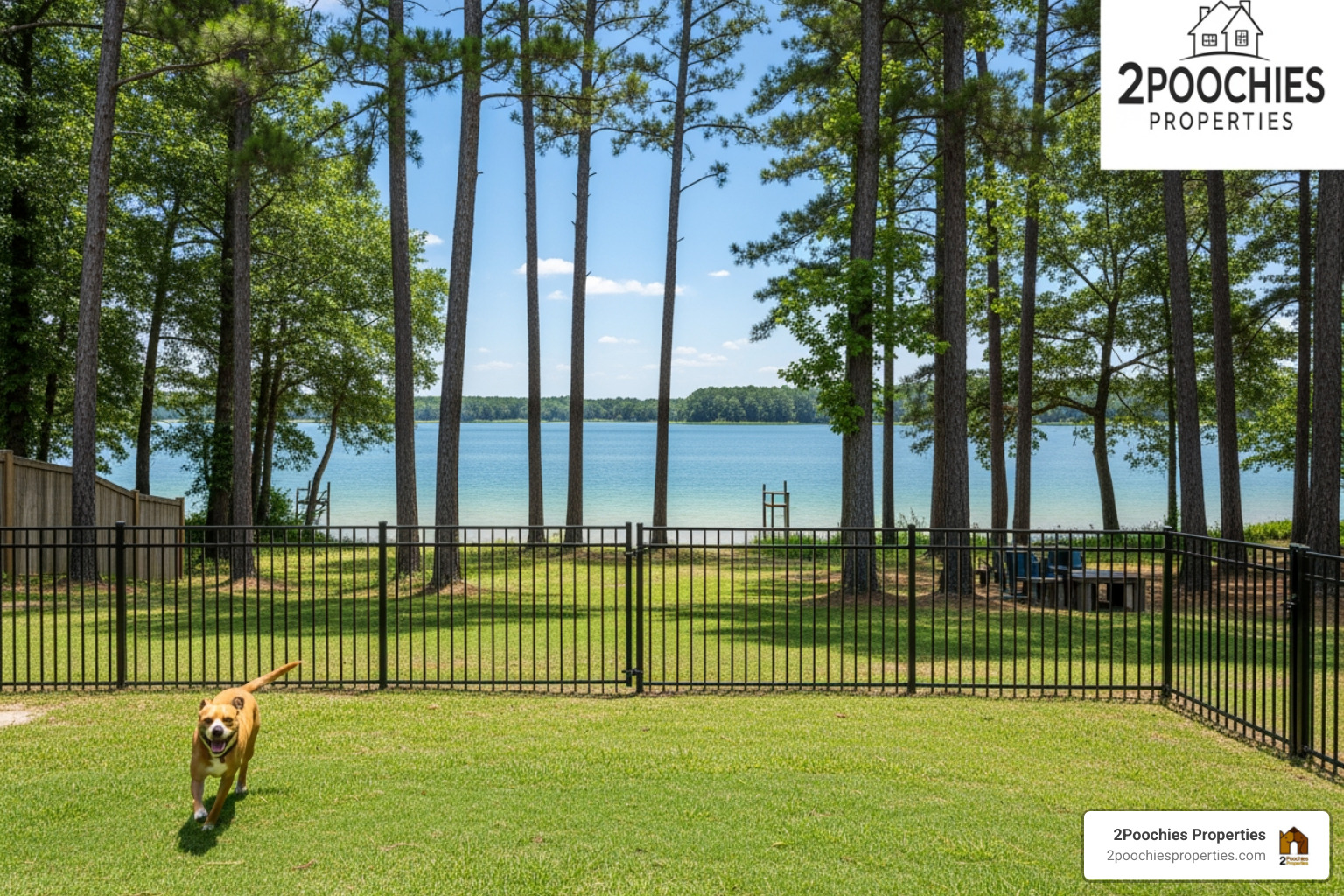 A fenced-in backyard overlooking a lake with a dog running freely - pet friendly lake house