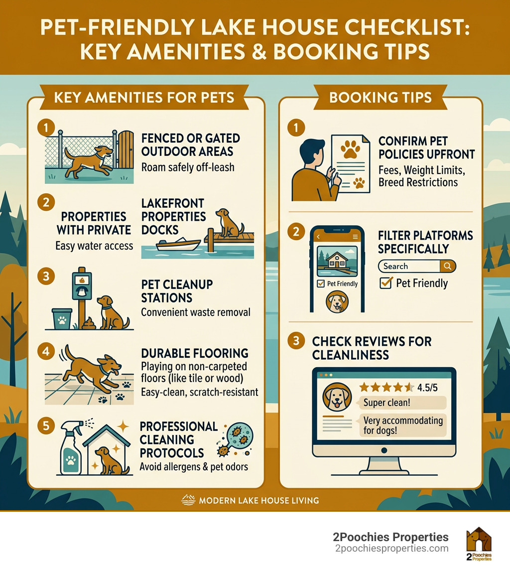 pet-friendly lake house checklist infographic with key amenities and booking tips - pet friendly lake house infographic 