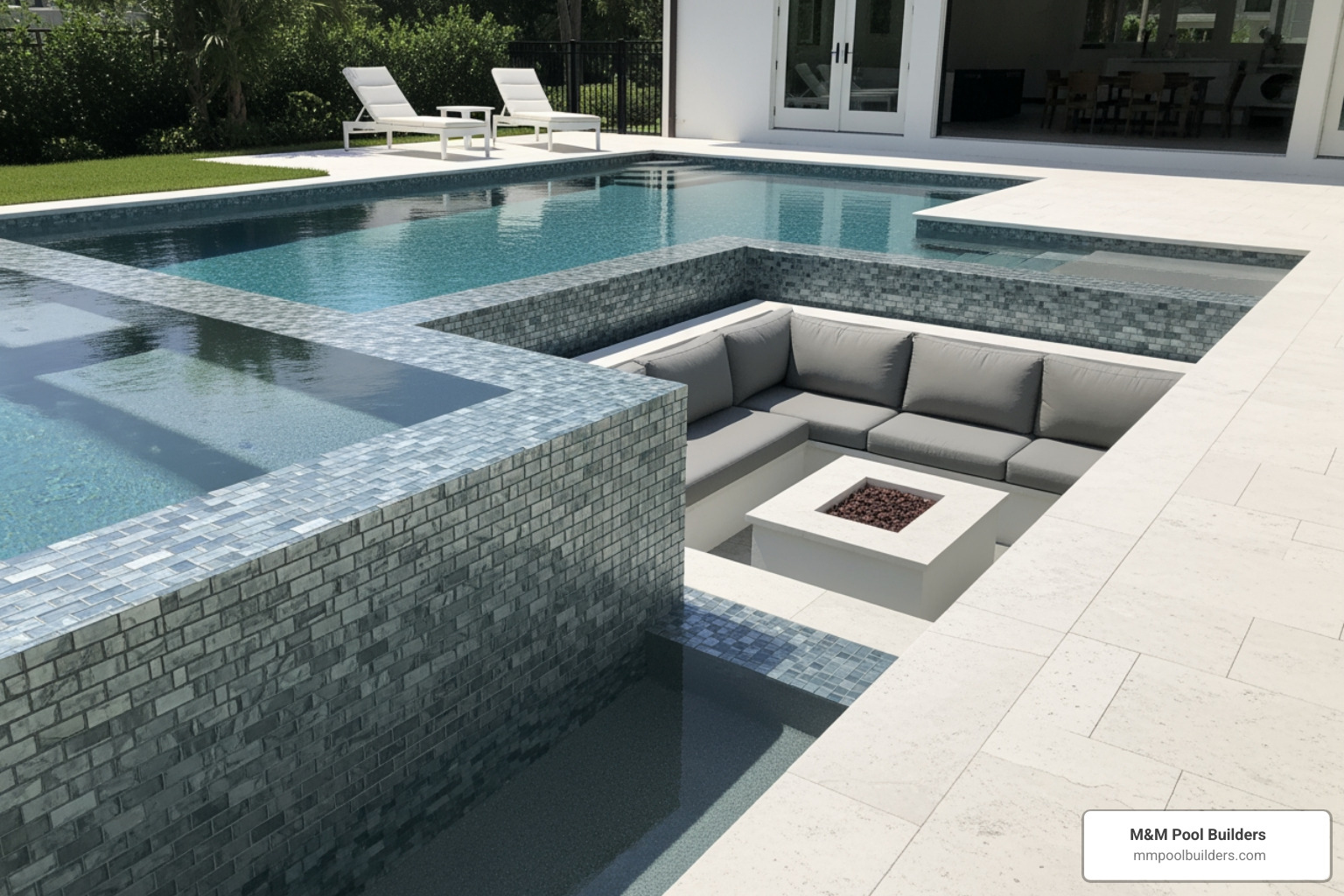 Geometric infinity edge pool with glass tile and a sunken fire pit lounge area - modern pool design