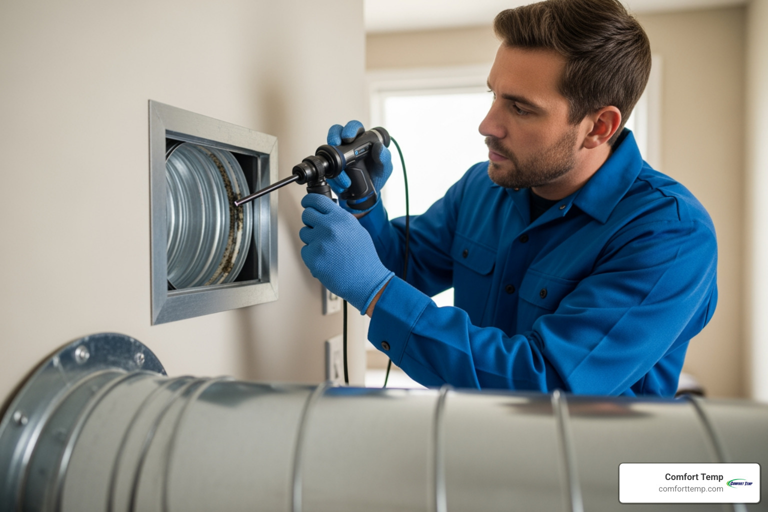 professional HVAC technician in a blue uniform using a digital borescope to inspect the interior of a residential air duct professional HVAC technician in a blue uniform using a digital borescope to inspect the interior of a residential air duct