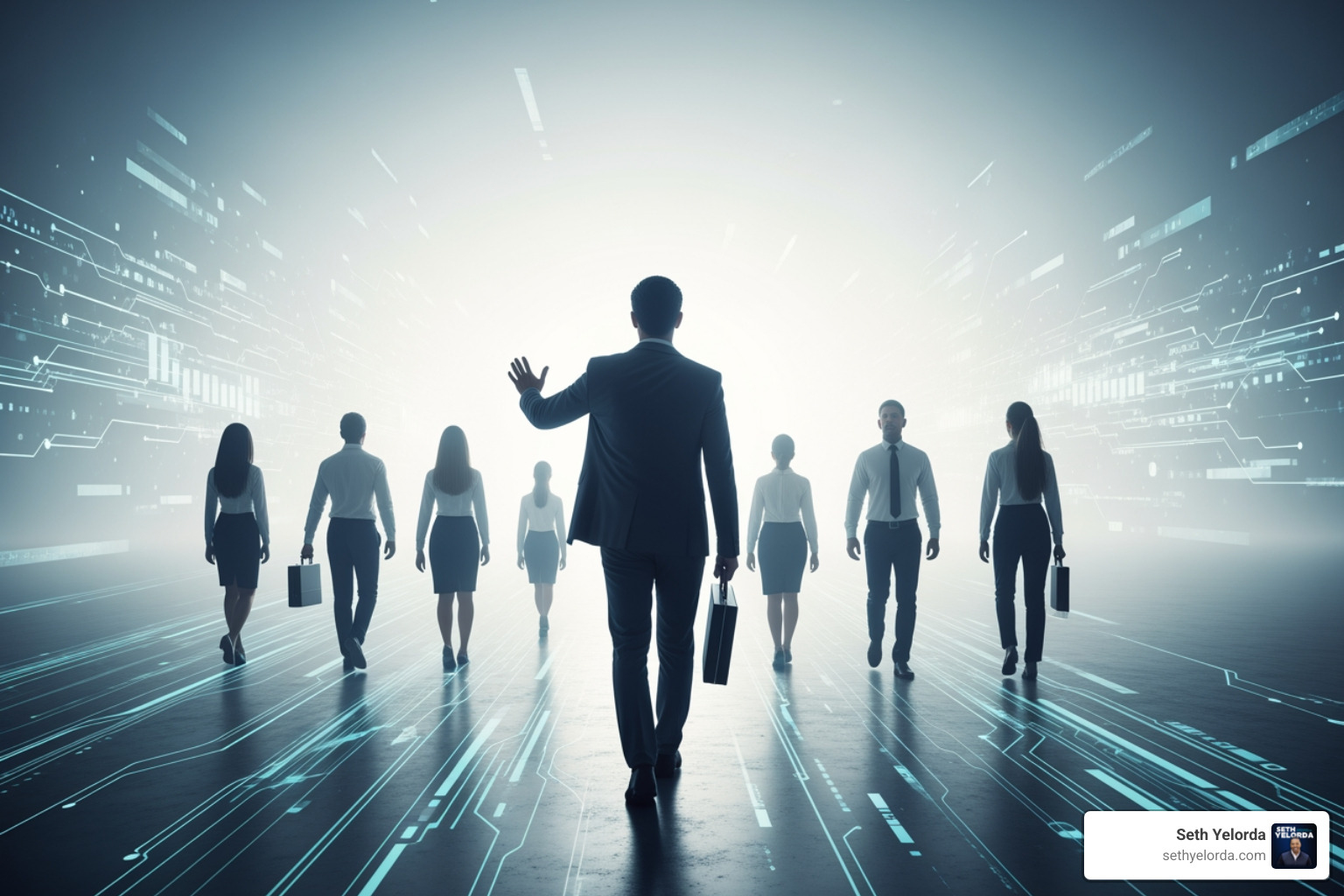 Leader guiding a team through a digital fog toward a clear, illuminated horizon - AI Won’t Fix a Clarity Problem: Why