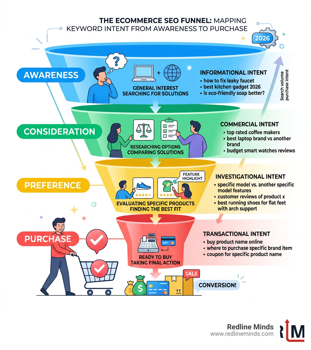 Ecommerce SEO funnel from awareness to purchase showing keyword intent stages - keyword research ecommerce tools infographic 