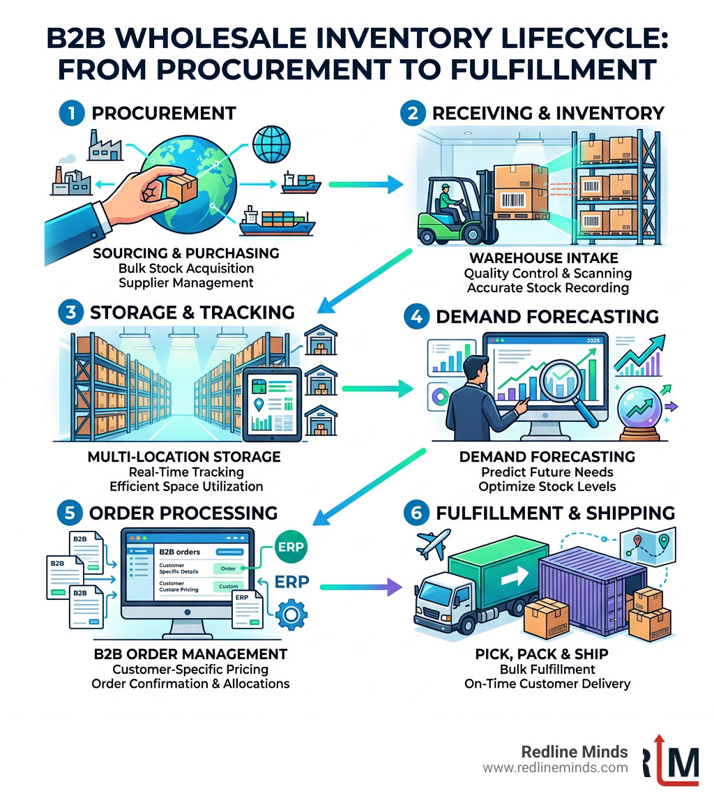 B2B wholesale lifecycle infographic from procurement to order fulfillment - b2b wholesale inventory management infographic 