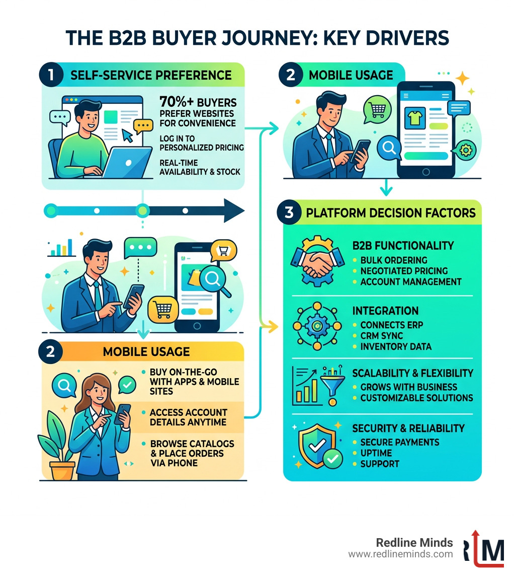 B2B buyer journey infographic showing self-service preferences, mobile usage, and platform decision factors - ecommerce b2b B2B buyer journey infographic showing self-service preferences, mobile usage, and platform decision factors - ecommerce b2b