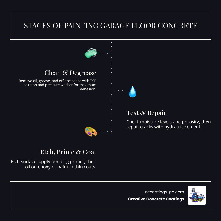 Stages of painting a garage floor from prep to finished coat infographic - painting garage floor concrete infographic Stages of painting a garage floor from prep to finished coat infographic - painting garage floor concrete infographic