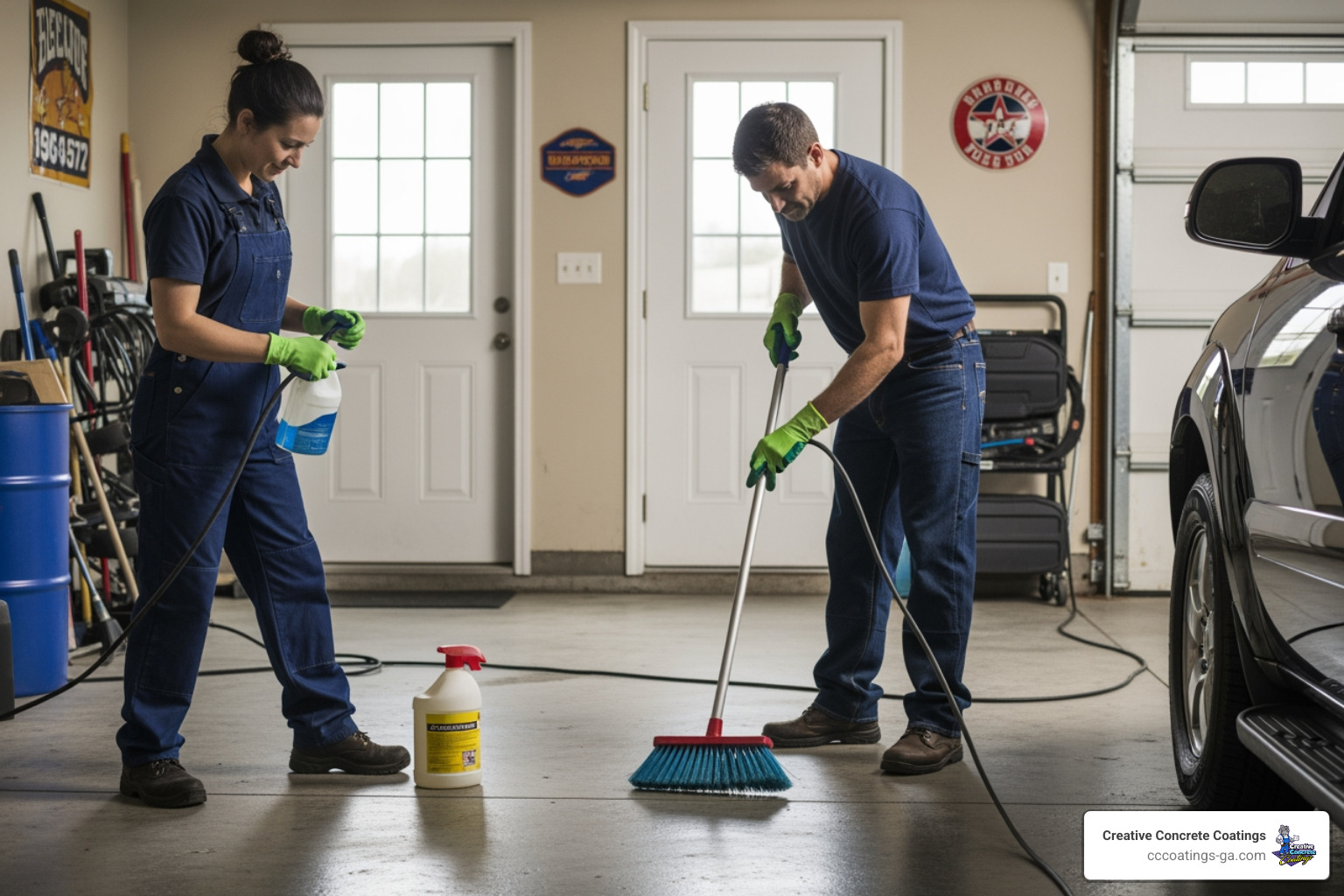 A person degreasing a concrete floor with a stiff broom - painting garage floor concrete A person degreasing a concrete floor with a stiff broom - painting garage floor concrete