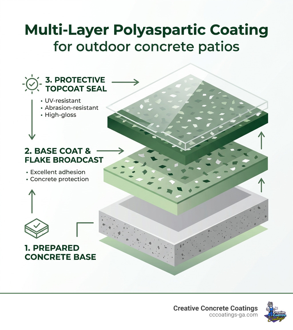 Multi-layer polyaspartic coating system infographic showing base coat, flake broadcast, and topcoat seal - outdoor concrete Multi-layer polyaspartic coating system infographic showing base coat, flake broadcast, and topcoat seal - outdoor concrete
