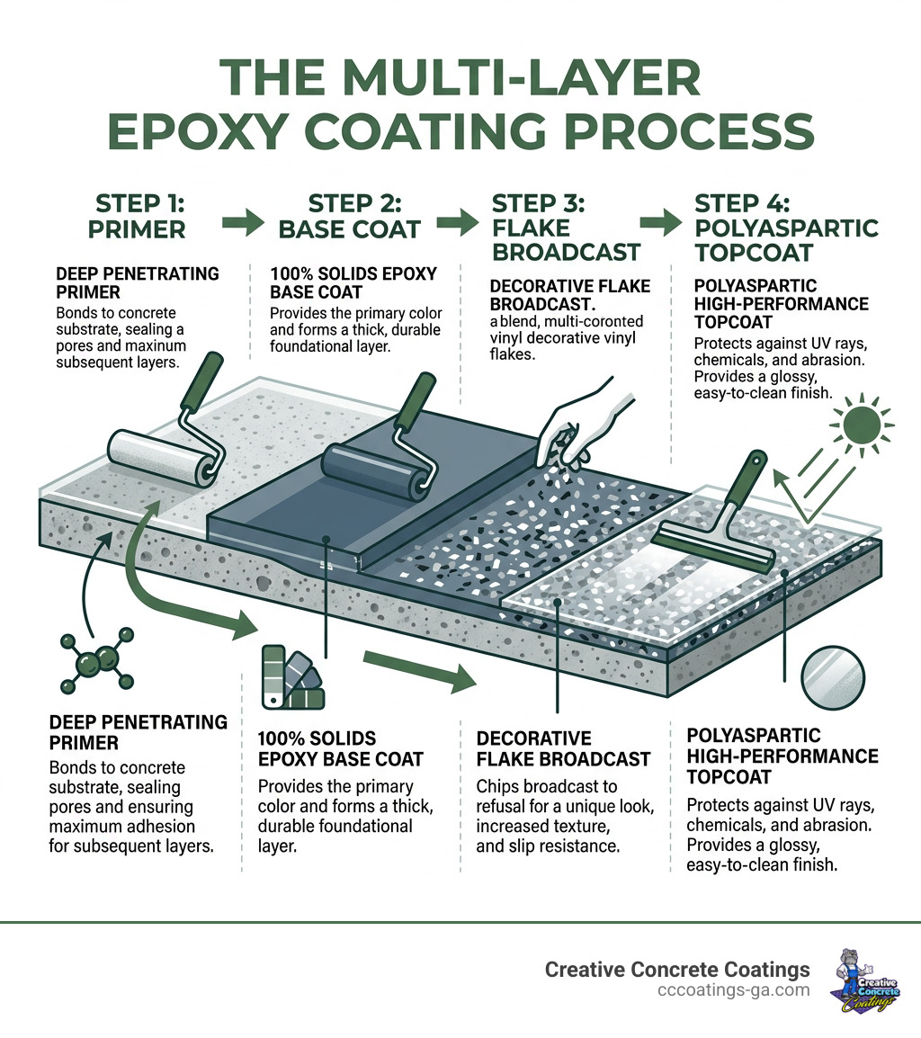 Multi-layer epoxy coating process infographic showing primer, base coat, flake broadcast, and polyaspartic topcoat - best Multi-layer epoxy coating process infographic showing primer, base coat, flake broadcast, and polyaspartic topcoat - best