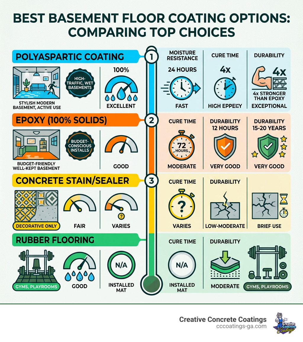 Infographic showing best basement floor coating options ranked by moisture resistance, cure time, and durability - best Infographic showing best basement floor coating options ranked by moisture resistance, cure time, and durability - best