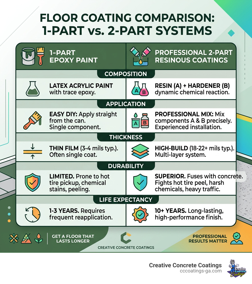 Comparison table of 1-part epoxy paint versus professional 2-part resinous coatings - epoxy floor painting infographic Comparison table of 1-part epoxy paint versus professional 2-part resinous coatings - epoxy floor painting infographic
