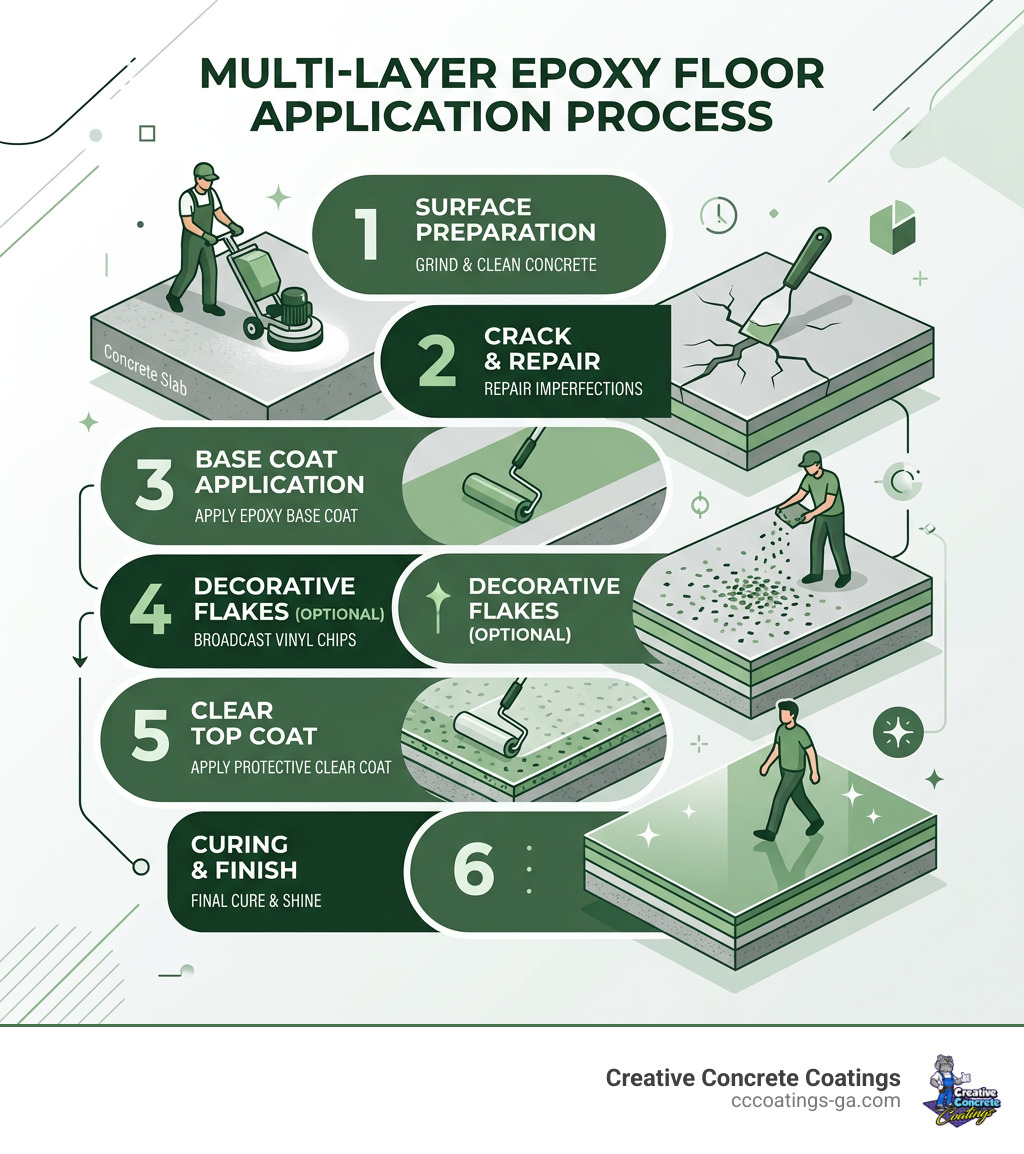 Step-by-step diagram of the multi-layer epoxy floor application process - epoxy floor painting infographic Step-by-step diagram of the multi-layer epoxy floor application process - epoxy floor painting infographic