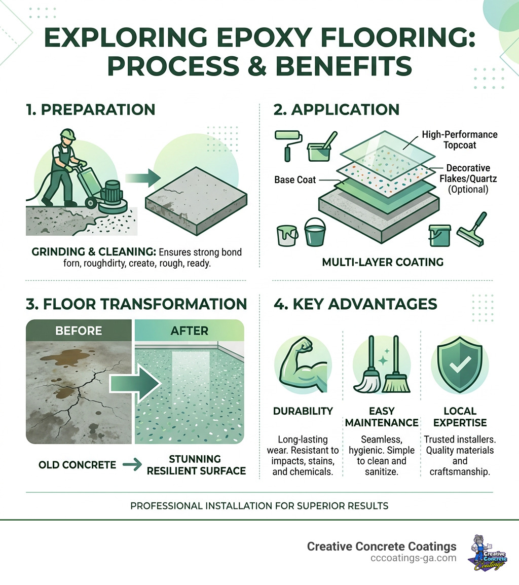 Multi-layer epoxy application process, floor transformation, durability, local expertise infographic - epoxy floor Multi-layer epoxy application process, floor transformation, durability, local expertise infographic - epoxy floor