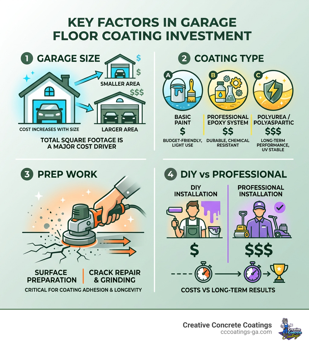 Infographic showing key factors that affect garage floor coating investment: size, coating type, prep work, and DIY vs Infographic showing key factors that affect garage floor coating investment: size, coating type, prep work, and DIY vs