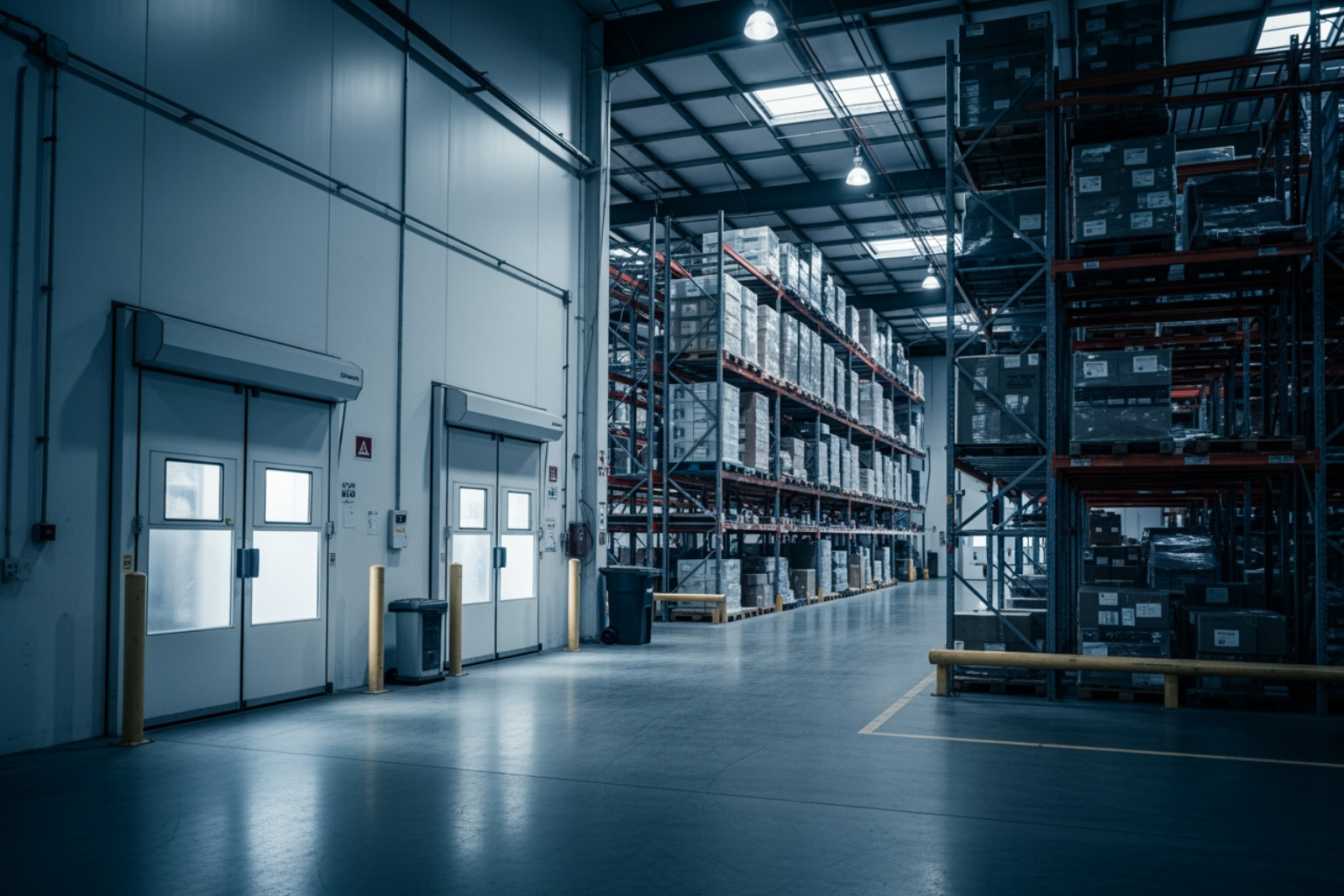 wide shot of a clean industrial warehouse with cold storage doors and steel racking, e commerce warehouse