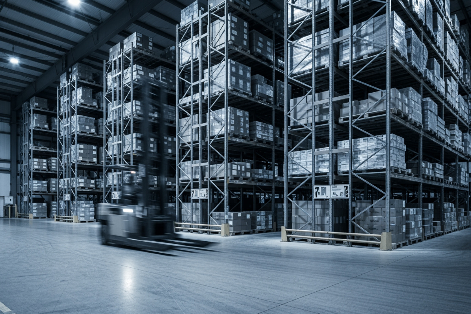 High speed loading dock with industrial steel racking and cold directional lighting. Indianapolis logistics fulfillment