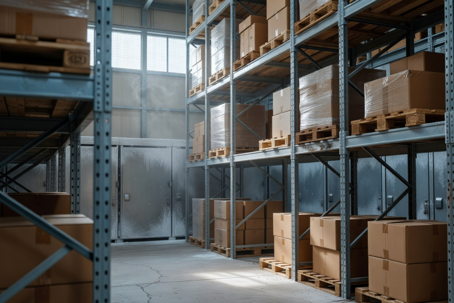 industrial warehouse racking with high contrast lighting and shadows - temperature controlled warehousing industrial warehouse racking with high contrast lighting and shadows - temperature controlled warehousing