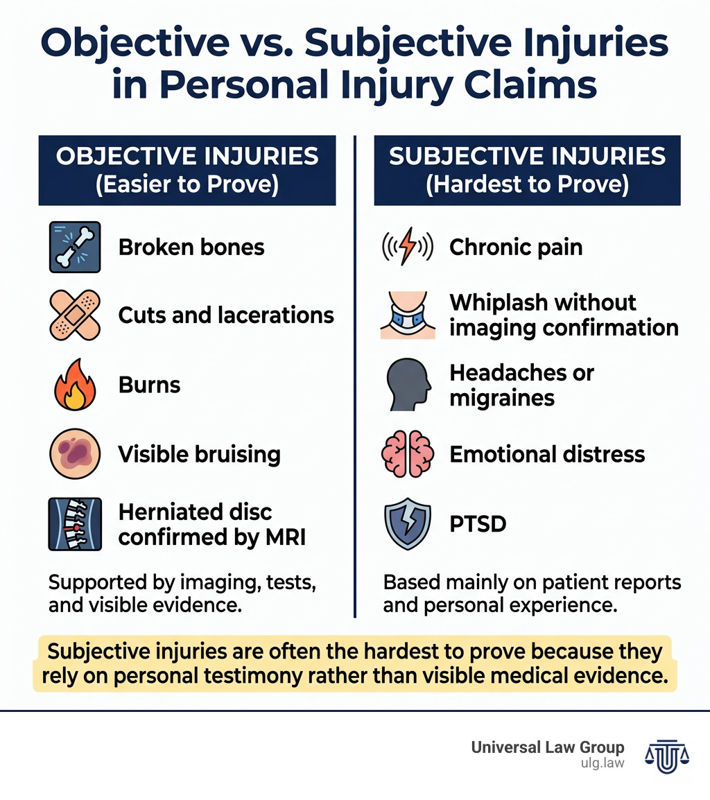 Infographic comparing objective vs. subjective injuries in personal injury claims - hardest injury to prove infographic