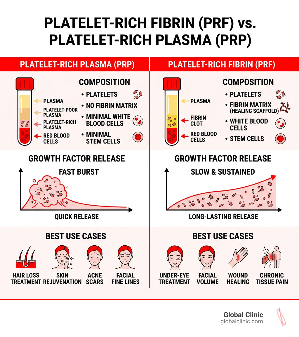 PRF vs PRP comparison infographic showing composition, release speed, and best use cases - prf vs prp infographic 