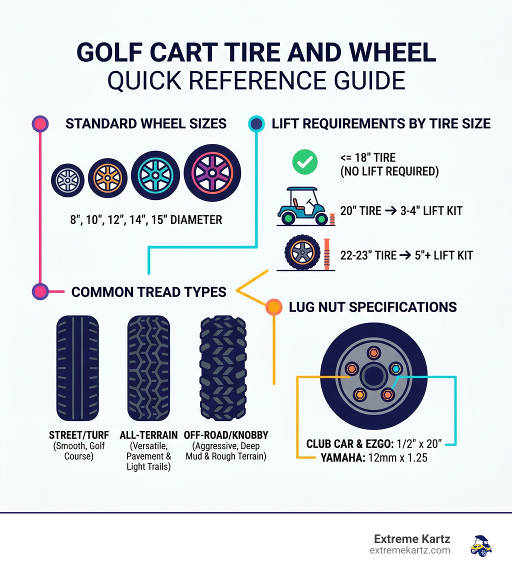 Infographic: golf cart tire and wheel quick reference guide covering sizes, lift requirements, tread types, and lug nut