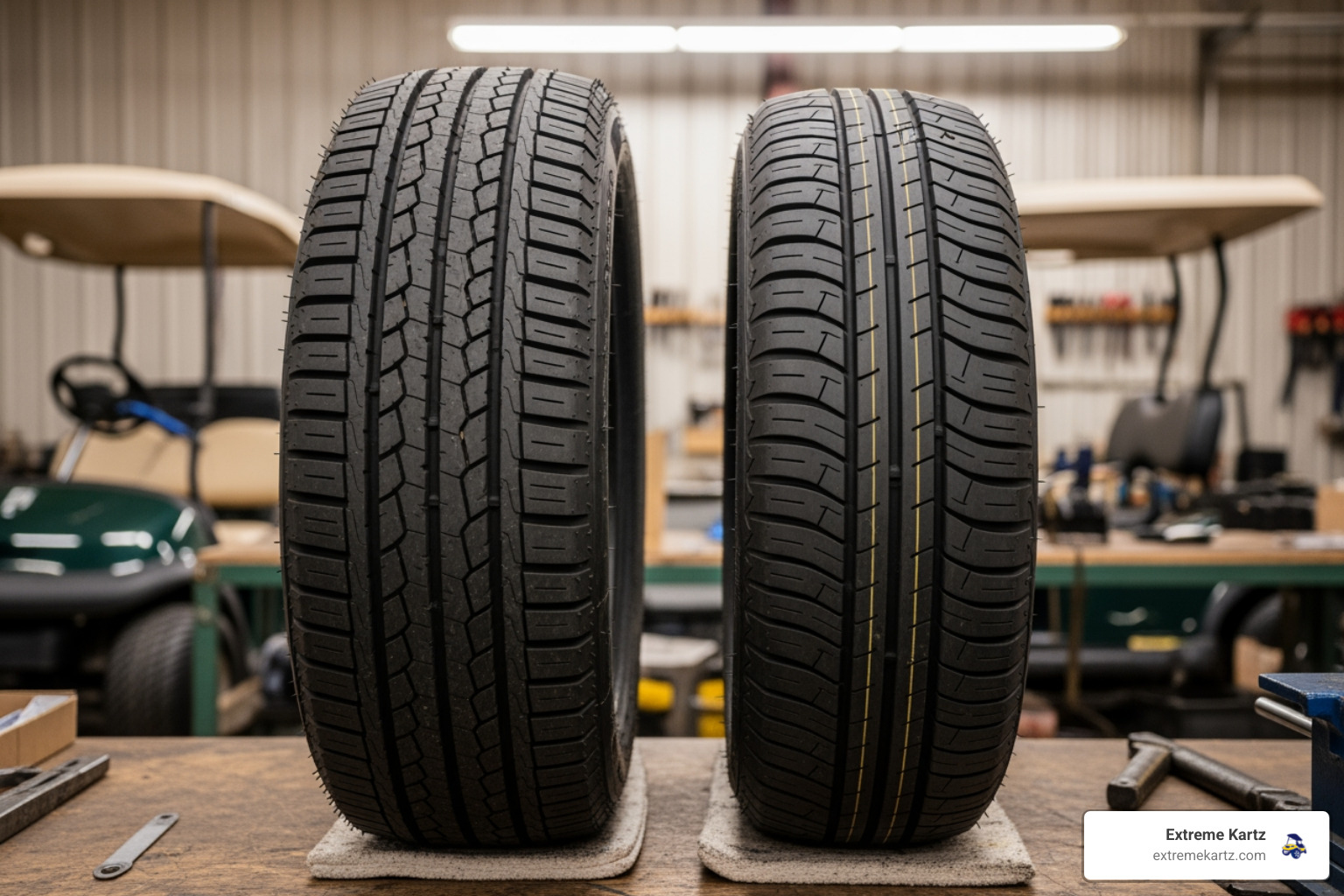 Comparison of a standard 18-inch turf tire next to a 205/50-10 low-profile tire in a workshop setting - golf cart tires and