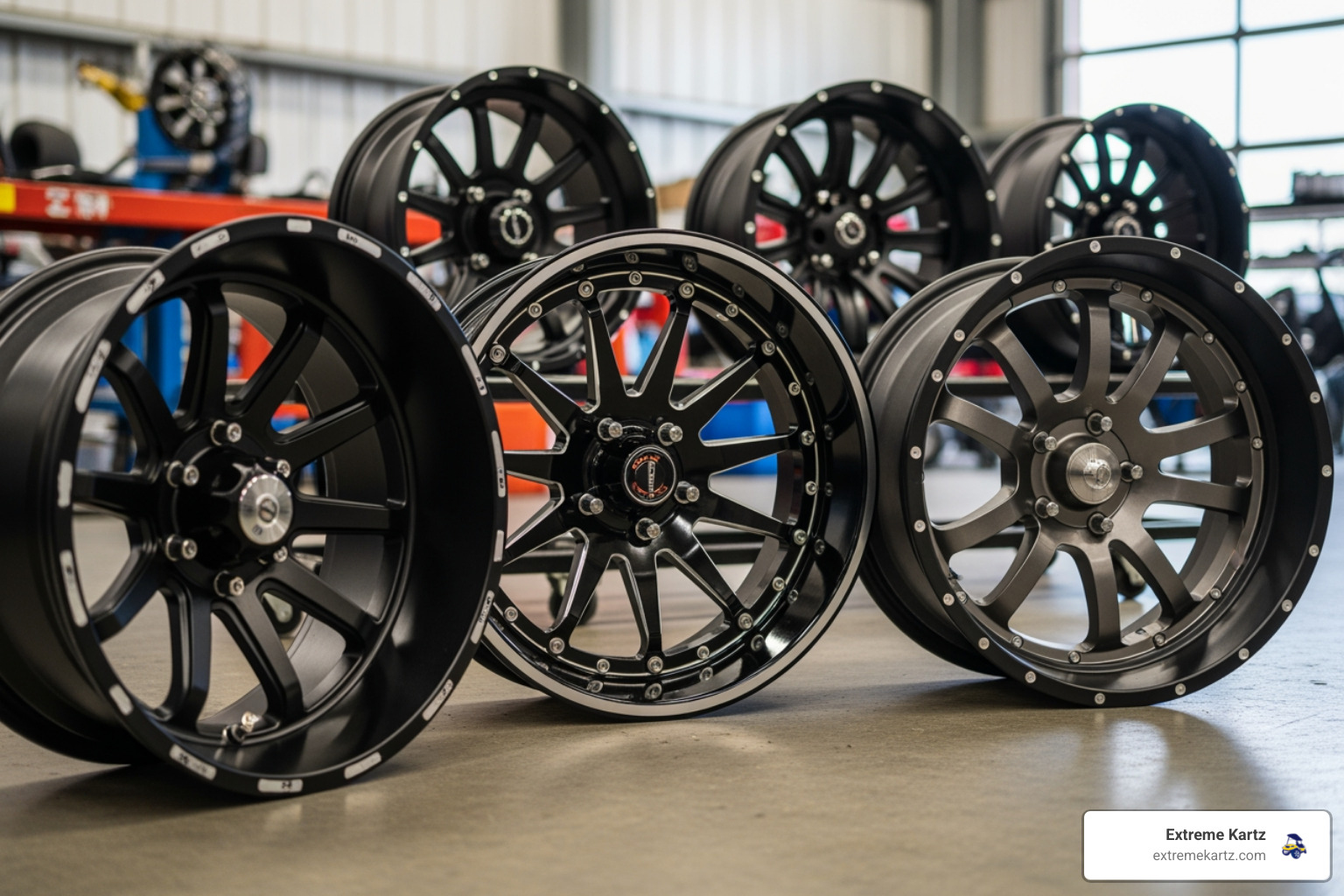 Various golf cart wheel finishes including machined black and gunmetal on a shop floor - golf cart tires with rims