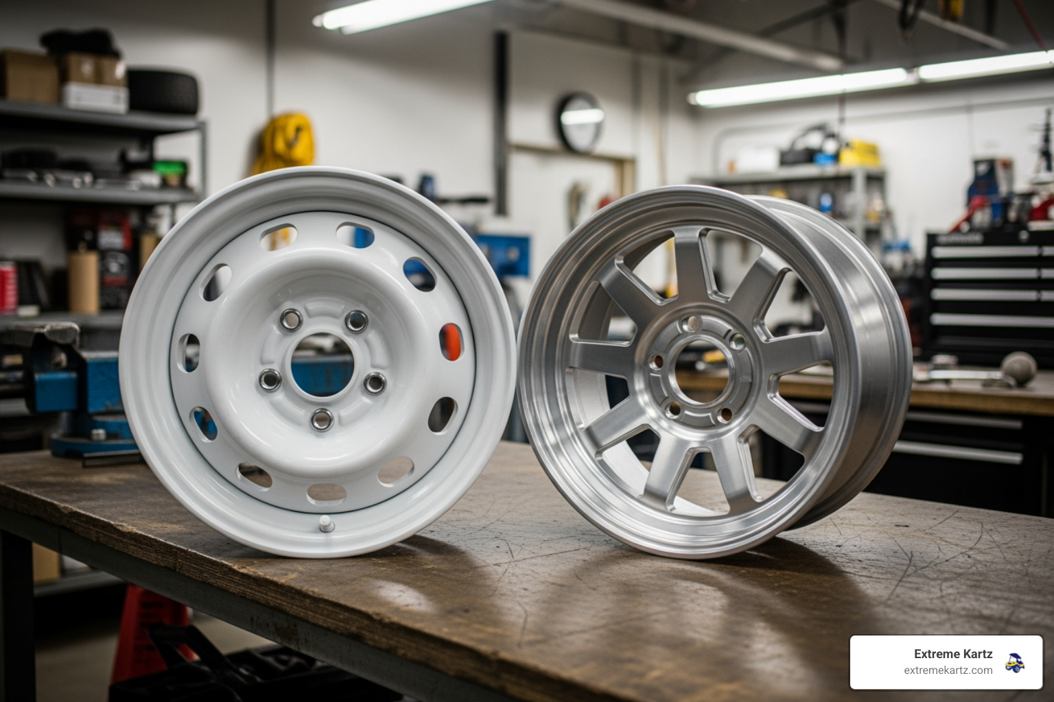 A side-by-side comparison of an 8-inch white steel rim and a 14-inch machined aluminum rim in a professional workshop - golf