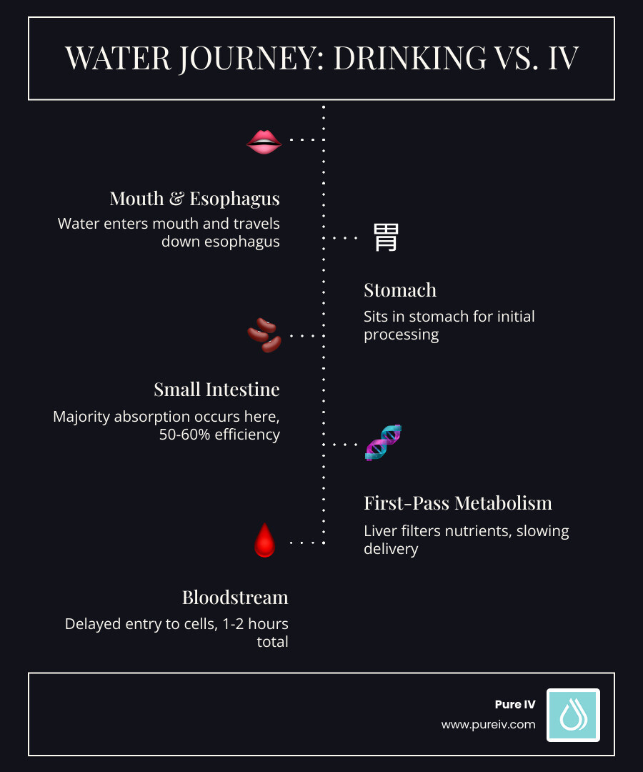 Infographic showing 100% absorption rate of IV vs partial oral absorption - IV Therapy vs. Drinking Water: Why Hydration IV