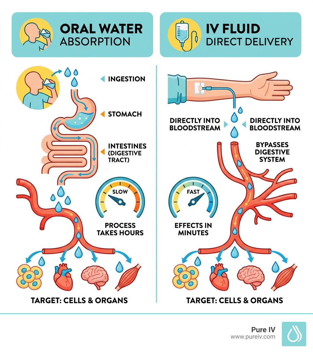 Infographic comparing oral water absorption path vs. IV fluid direct bloodstream delivery and speed - IV Therapy vs.