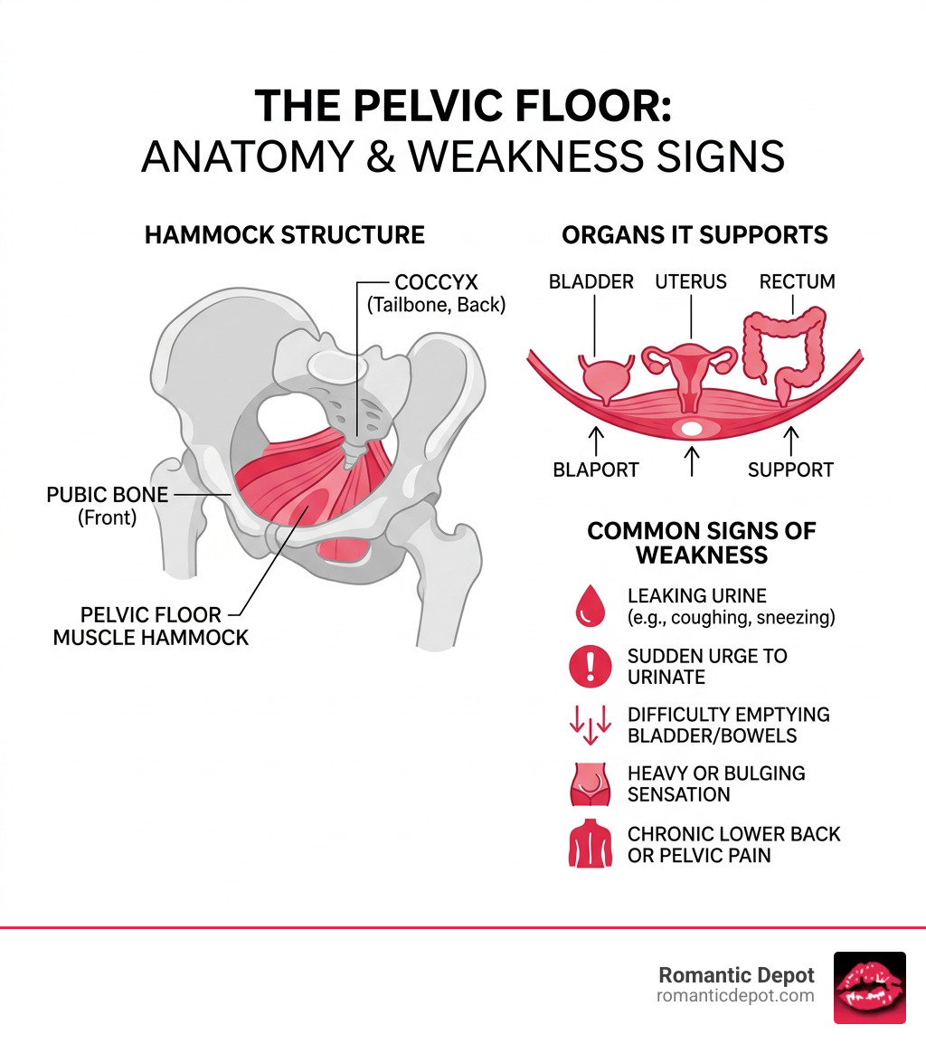 Infographic: The pelvic floor hammock structure, organs it supports, and common signs of weakness - weak pelvic floor