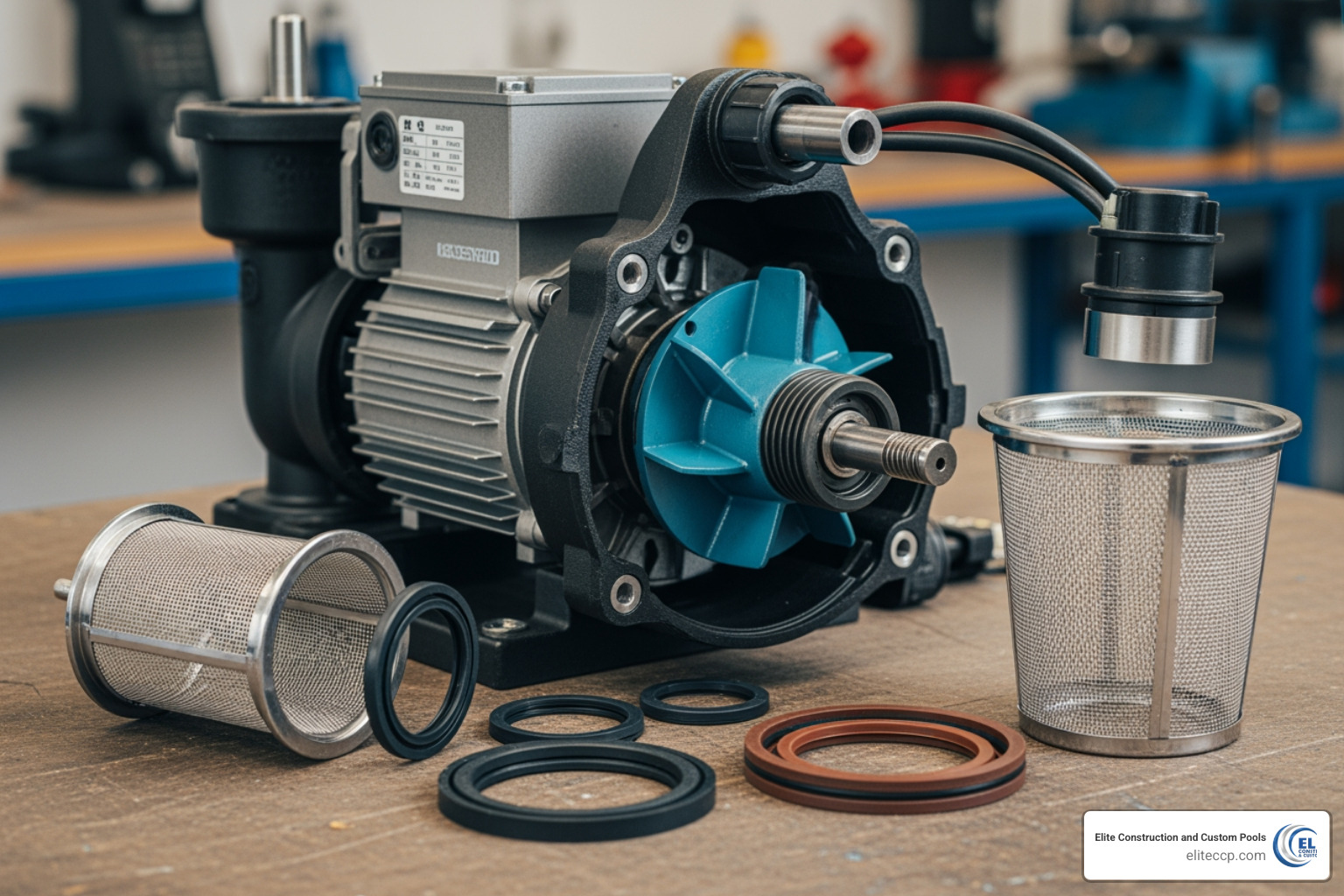 Internal parts of a pool pump including motor, impeller, and basket - swimming pool pump repair