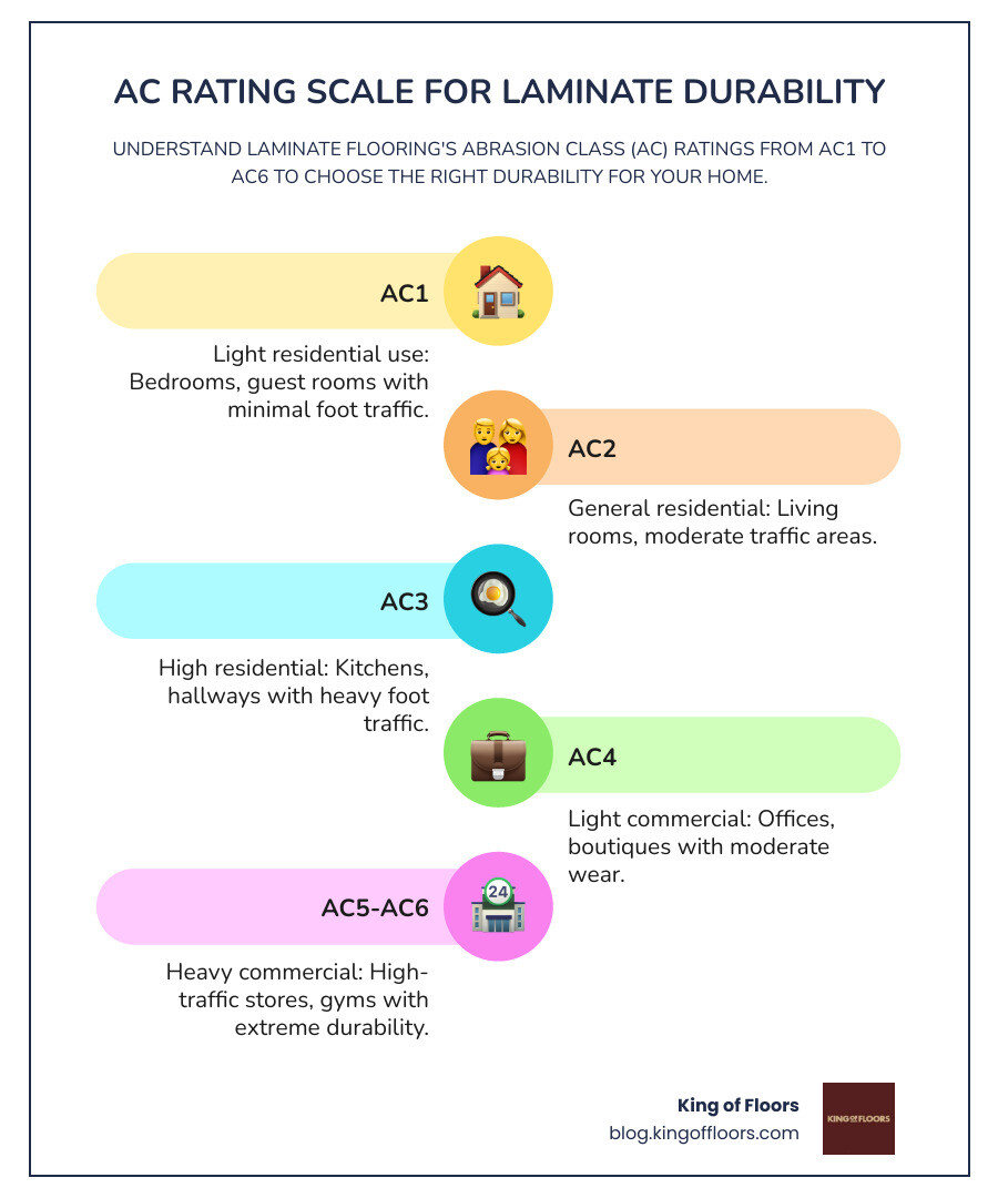 Infographic showing AC rating scale AC1 to AC6 for laminate flooring durability and recommended use - flooring design ideas