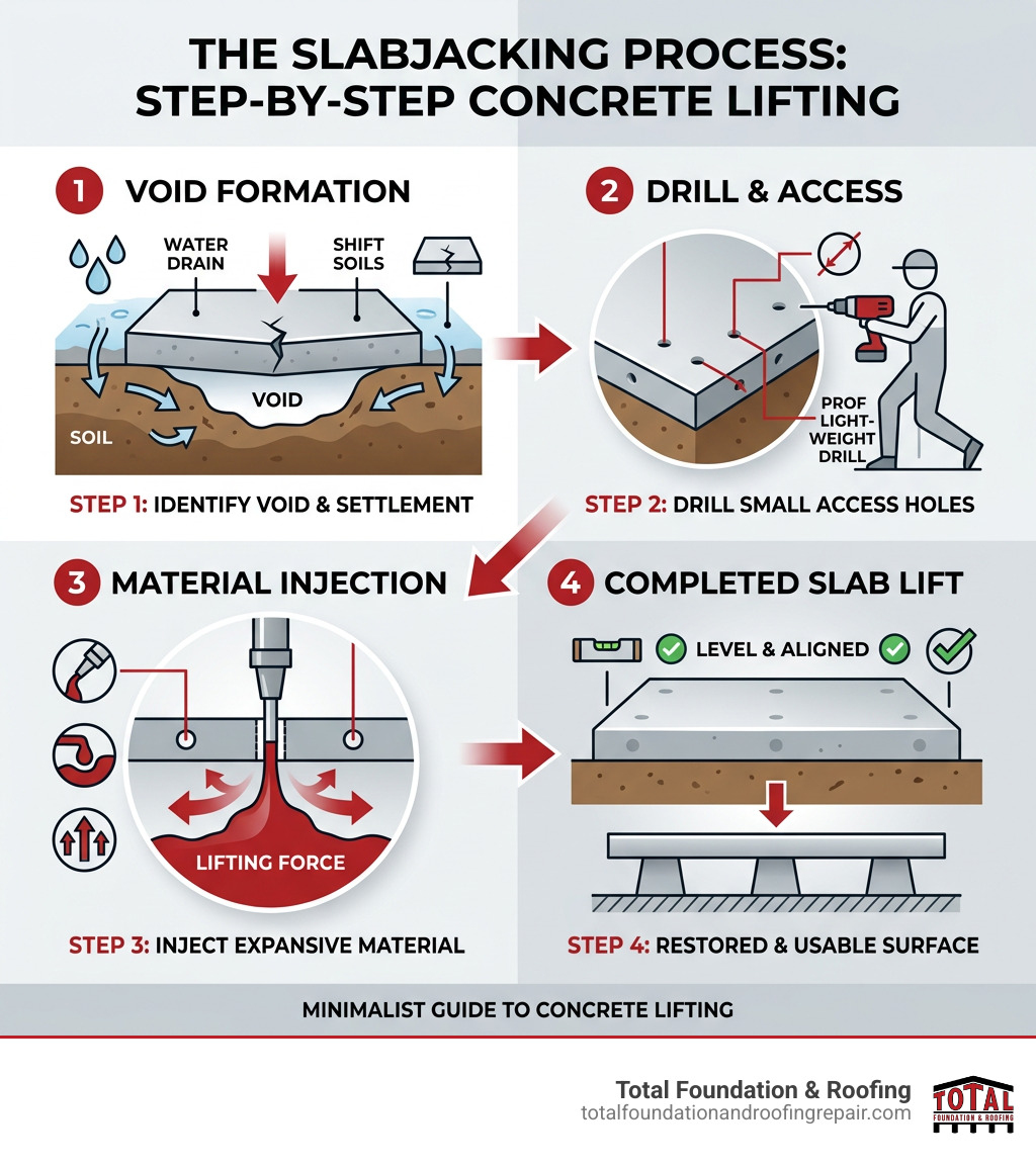 Step-by-step infographic showing the slabjacking process from void formation to completed slab lift - slab raising near me