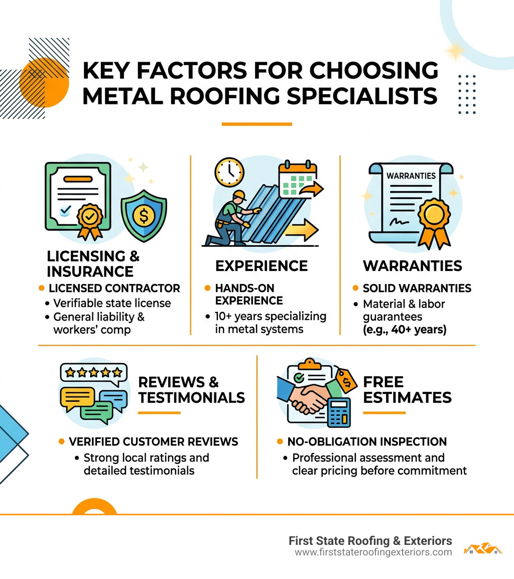Key factors for choosing metal roofing specialists: licensing, experience, warranties, reviews, and free estimates - metal Key factors for choosing metal roofing specialists: licensing, experience, warranties, reviews, and free estimates - metal