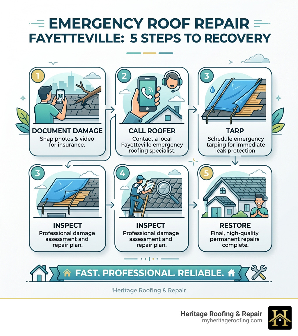 Steps for emergency roof repair Fayetteville: document damage, call roofer, tarp, inspect, restore - emergency roof repair