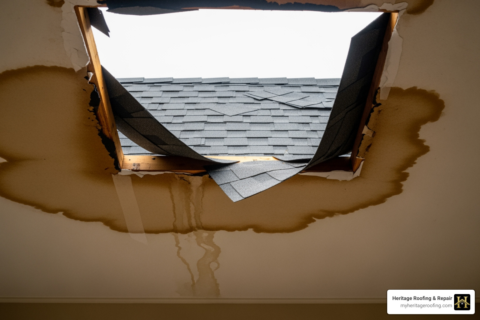 water stains on a ceiling and missing asphalt shingles - emergency roof repair fayetteville